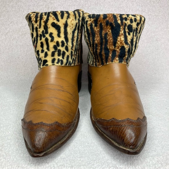 Vintage Leather Western Cowgirl Ankle Boots Womens 7.5 Brown Cheetah Cuff Accent - Picture 7 of 12